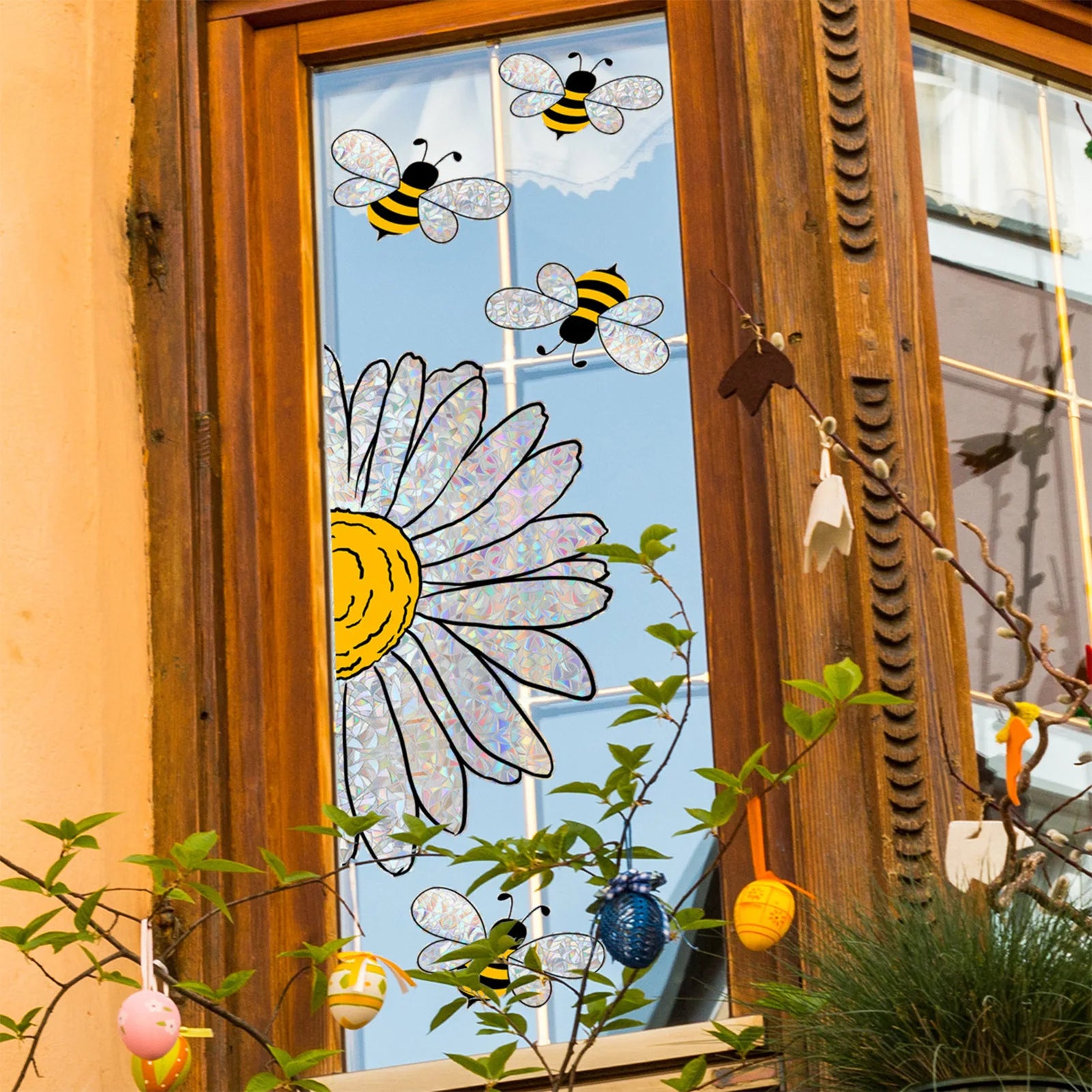 Adorable Bees Style Glass Sticker Summer Sunflower Window Clings for Kids Room Classroom Office Store