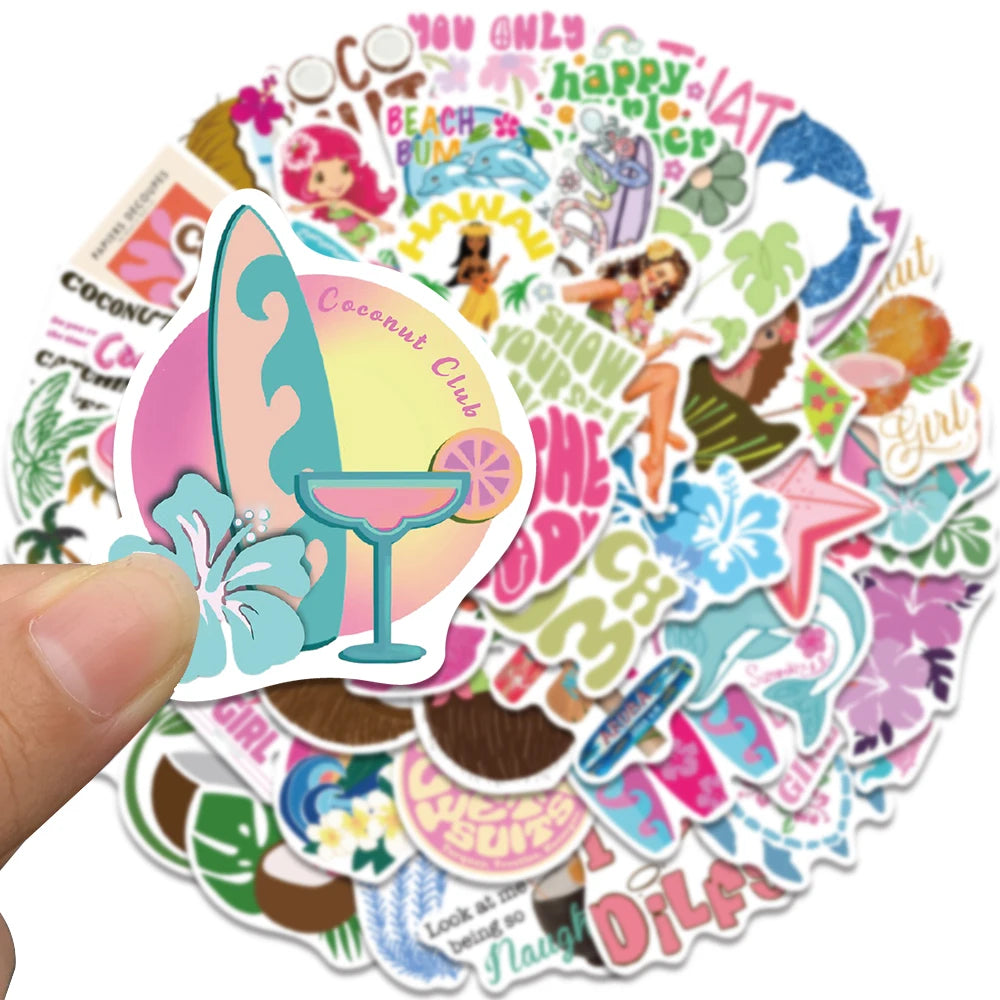 50/100PCS Summer Coconut Girls Stickers Waterproof Cartoon Sea Vocation Aesthetic Kindle Ipad Phone Laptop Diary Planner Sticker