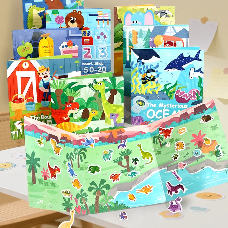 Children Reusable Bubble Sticker Book DIY Scene Sticker Toy Cartoon Animal Sticker Kids Portable Quiet Busy Paste Book Toy Gifts