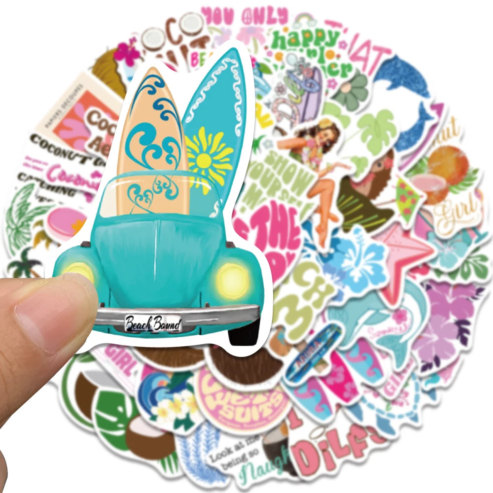 50/100PCS Summer Coconut Girls Stickers Waterproof Cartoon Sea Vocation Aesthetic Kindle Ipad Phone Laptop Diary Planner Sticker