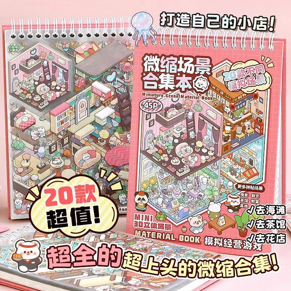 20Pcs Scenes Cartoon Landscape Sticker Book Forest Village DIY 3D Sticker Cabin Scene Pocket Birthday Gift for Kid Child Student