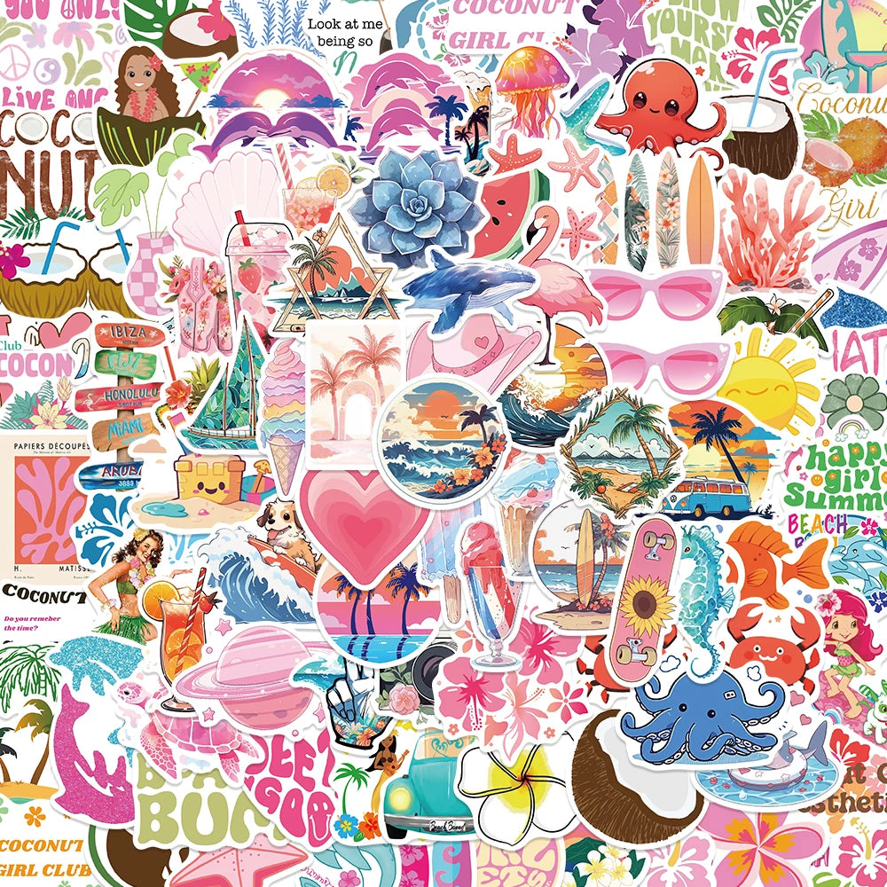 50/100PCS Summer Coconut Girls Stickers Waterproof Cartoon Sea Vocation Aesthetic Kindle Ipad Phone Laptop Diary Planner Sticker