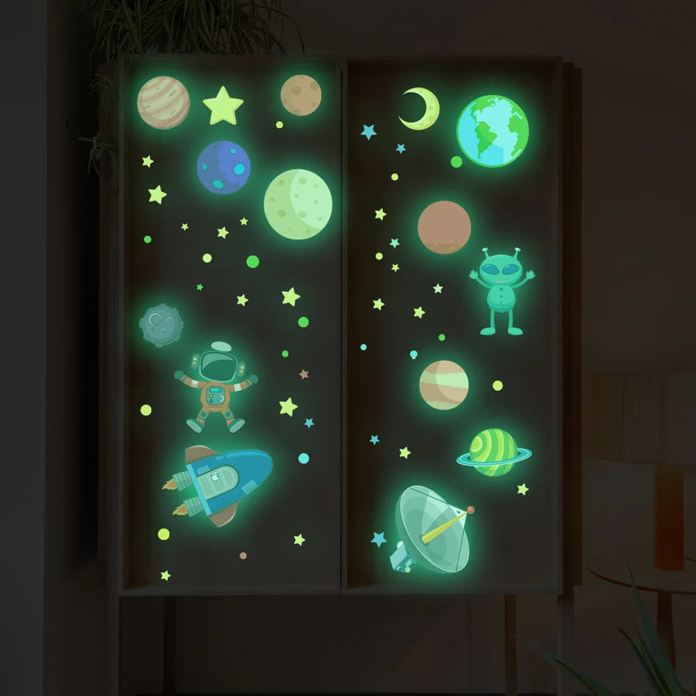 Cartoon Space Aliens Luminous Wall Stickers Kids Room Background Decoration Decals Baby Bedroom Decor Glow In The Dark Wallpaper